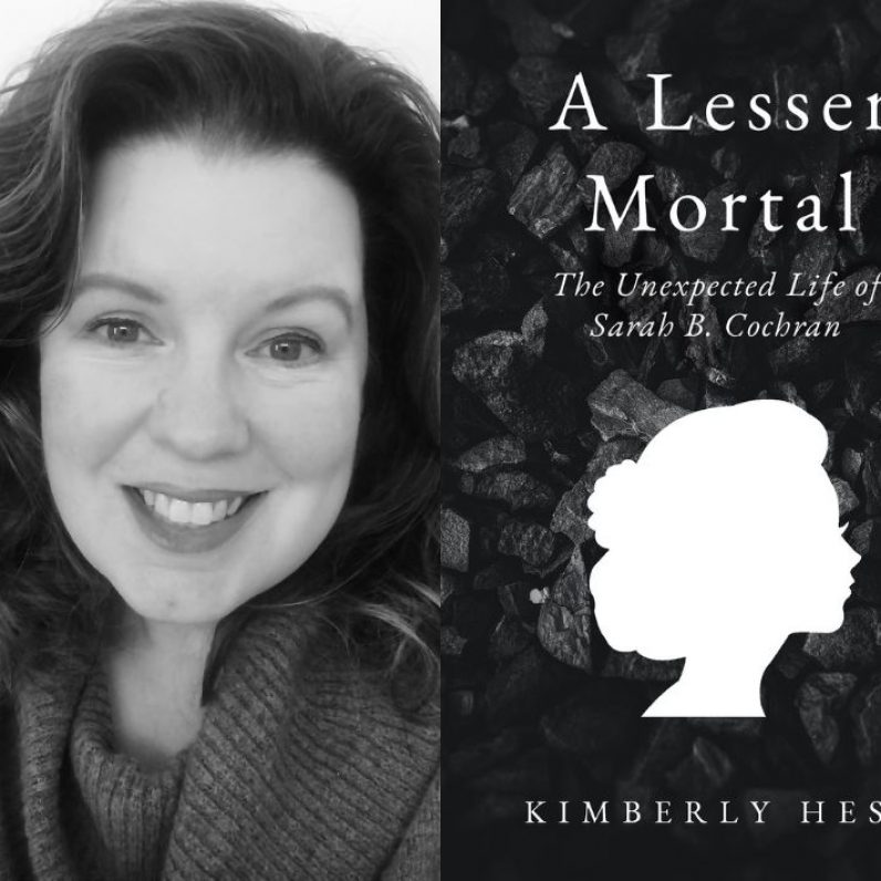 A photo of a white woman smiling at the camera in black and white in the center left, next to a black and white book cover that says 