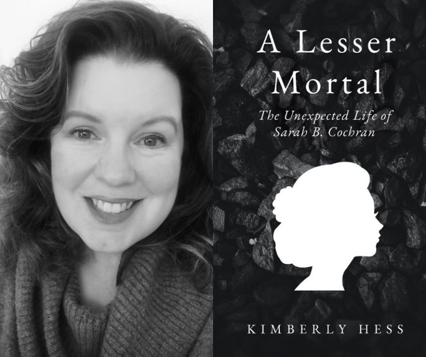 A photo of a white woman smiling at the camera in black and white in the center left, next to a black and white book cover that says 