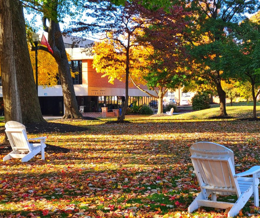 Photo of the Courtright Memorial Library across from Towers Lawn with fall foliage
