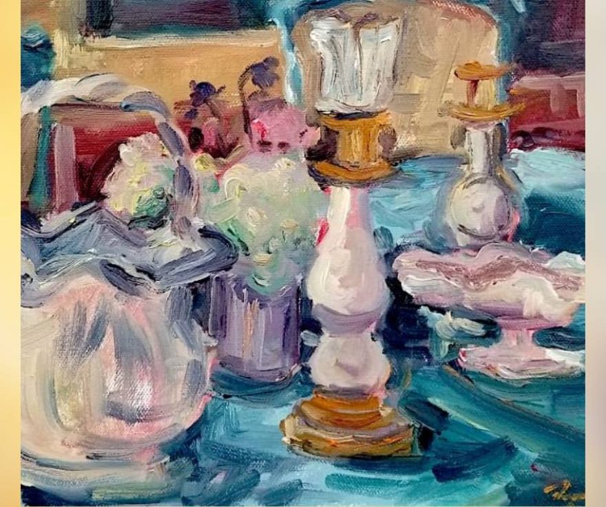 A piece of artwork with swirling colors, resembling a series of glass jars on a table.