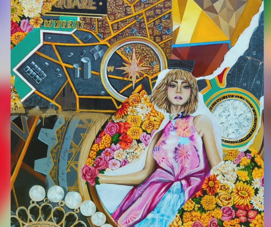 A colorful painting with a woman featured against a series of objects.