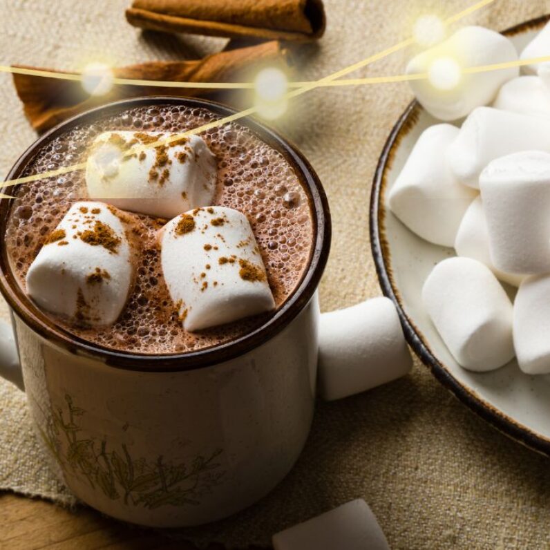 A cup of hot cocoa with a plate of marshmallows next to it. There are glowing lights over the picture.