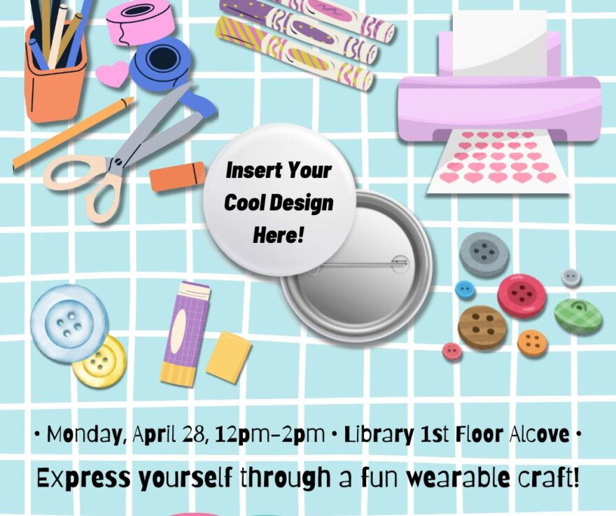 pastel-colored graphic with images of craft supplies like markers, tape, scissors, buttons, stickers, and a glue stick.