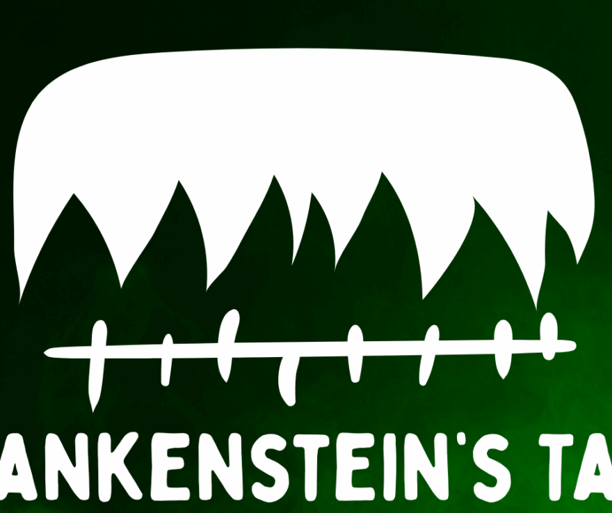 Frankenstein's Tale title with minimalist art of Frankenstein's monster