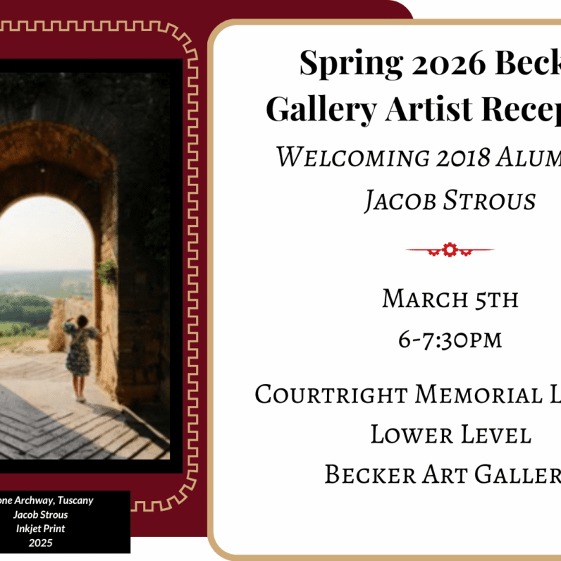 Becker Gallery 2026 Reception event banner featuring a piece of photography by the artist Jacob Strous