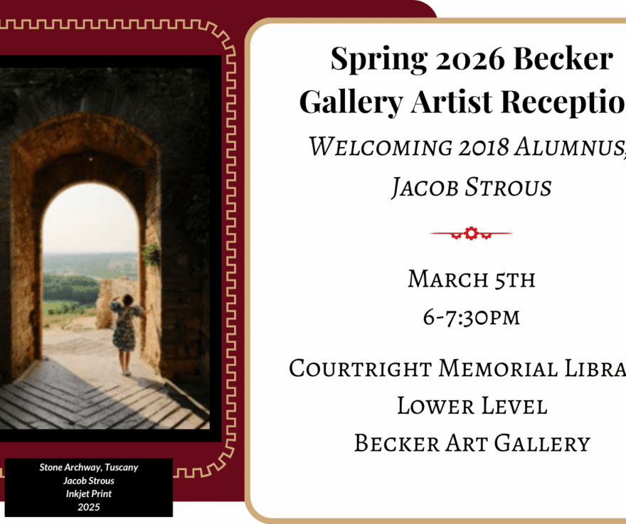 Becker Gallery 2026 Reception event banner featuring a piece of photography by the artist Jacob Strous