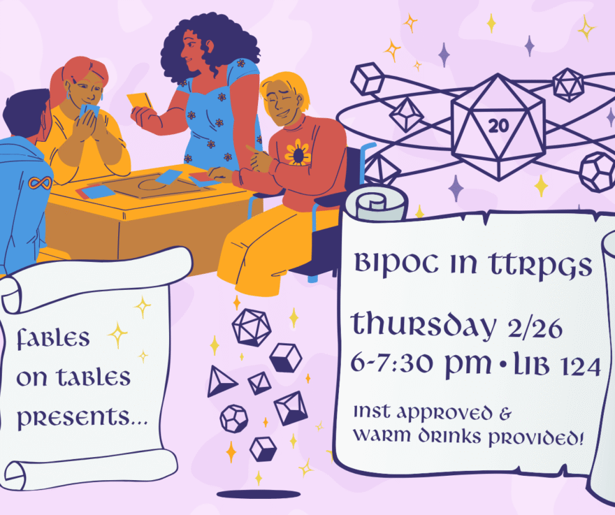 Fables On Tables BIPOC in TRPGs banner featuring people playing board games and a d20 die.