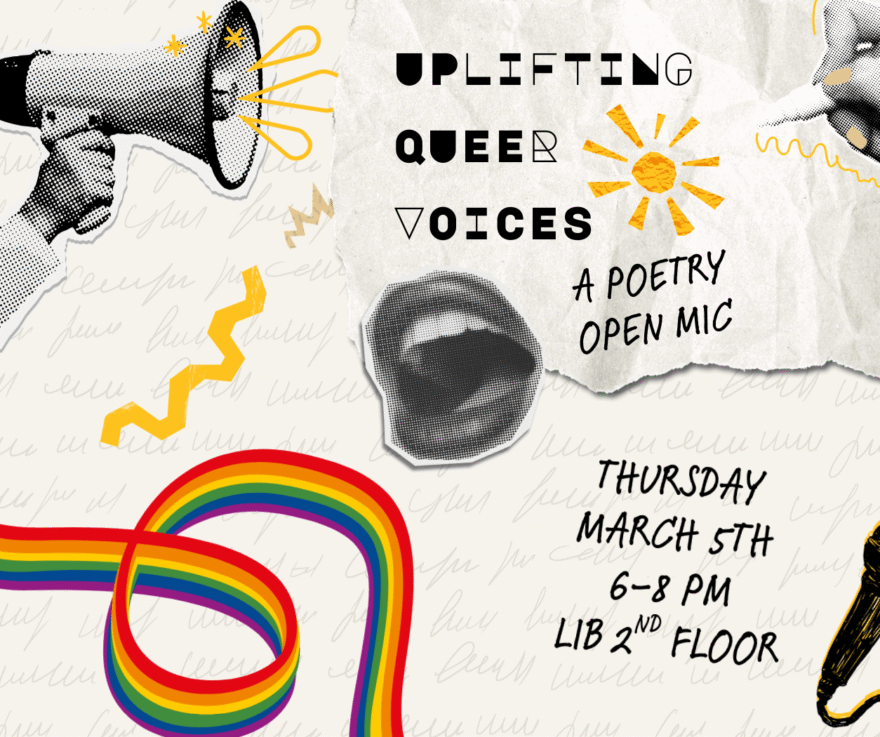 Queer Voice Open Mic program banner featuring rainbow and images of protest
