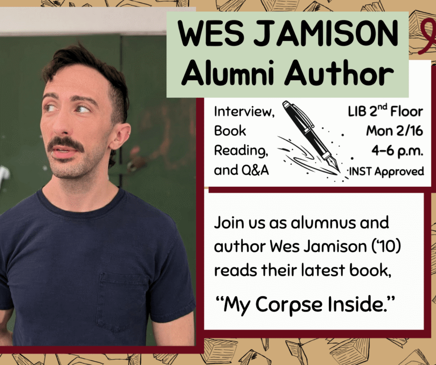 Wes Jamison Alumni Author event banner featuring photo of author his works