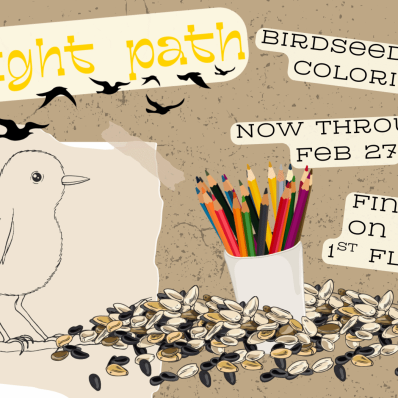 Flight Path Program heading. Bird seed giveaway and coloring page event.