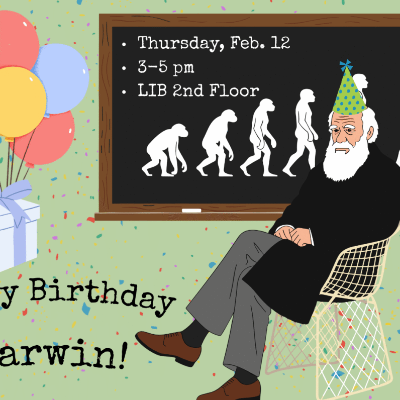 Happy birthday Darwin banner featuring an image of Charles Darwin, the stages of human evolution, and birthday balloons.