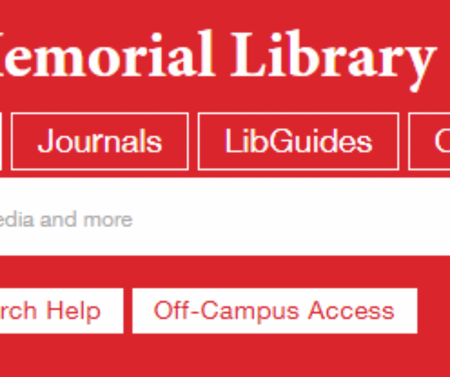 Screenshot of the Courtright Memorial Library's search bar on the homepage of their website // Search options include OneSearch, Books, Journals, LibGuides, Course Reservations, Library Website, Research Databases, Search Help, Off-Campus Access //