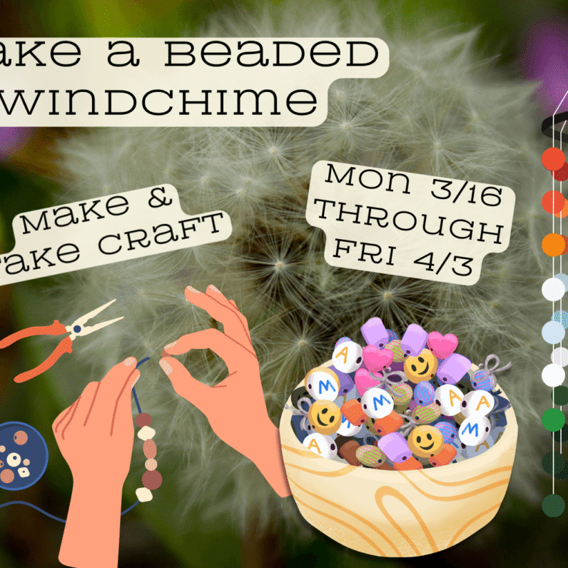Windchime Passive Craft Advert // Background is a colorful garden with a fluffy headed dandelion centered // Text reads 