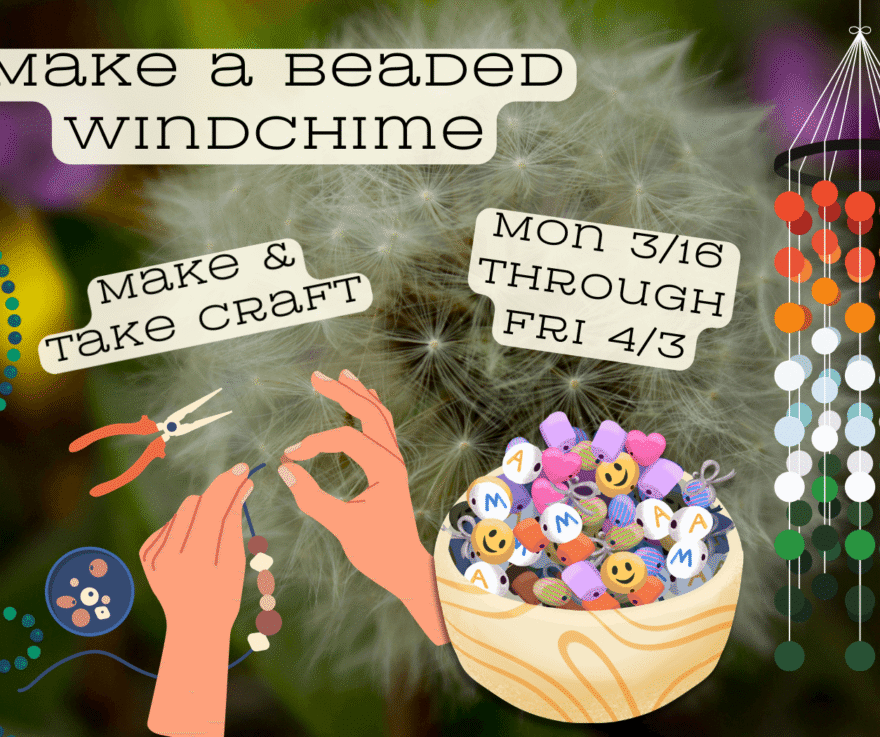 Windchime Passive Craft Advert // Background is a colorful garden with a fluffy headed dandelion centered // Text reads 
