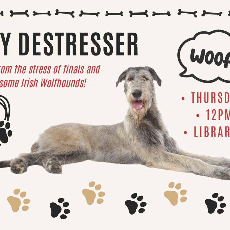 A lounging Irish Wolfhound with a big doggy grin and a speech bubble saying 