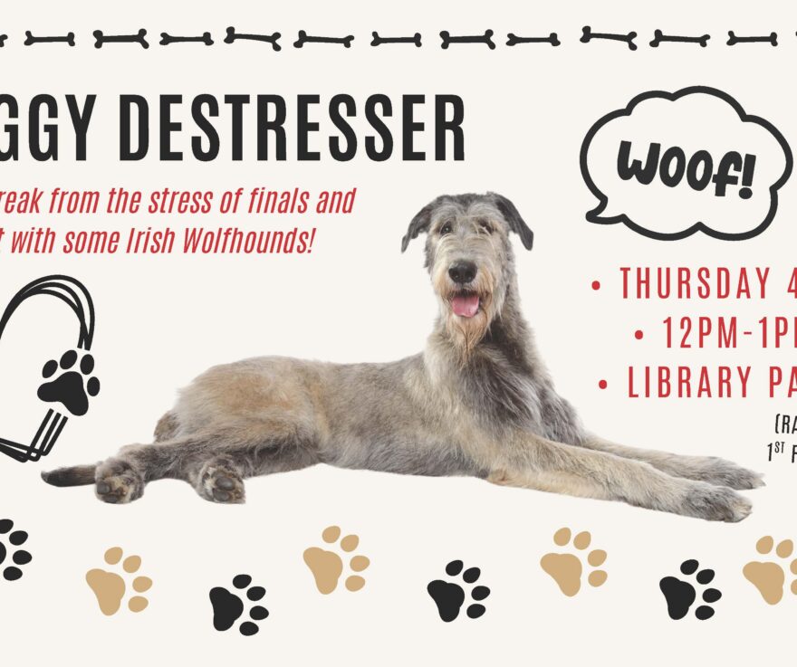 A lounging Irish Wolfhound with a big doggy grin and a speech bubble saying 