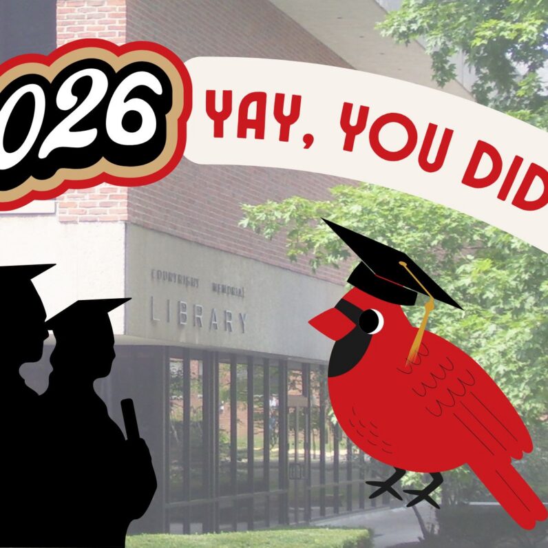 Silhouettes of graduates and a cartoon cardinal in a mortarboard hat in front of Courtright Memorial Library. Text reads: 