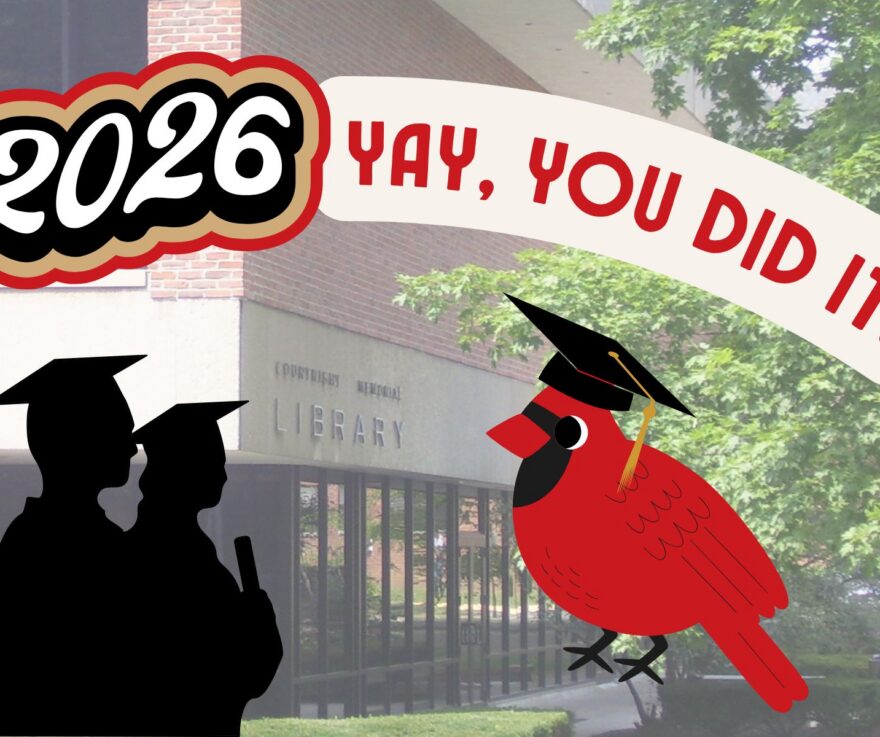 Silhouettes of graduates and a cartoon cardinal in a mortarboard hat in front of Courtright Memorial Library. Text reads: 