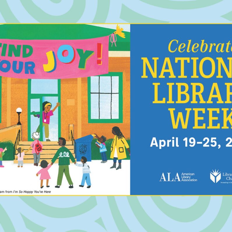 Cartoon drawing of children and adults heading towards a library building decorated with a banner that reads 