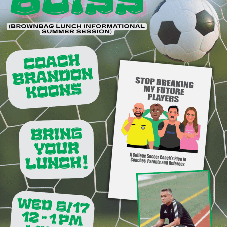 A background photo of a soccer ball in a net. A book cover features four cartoon people with frustrated expressions and text that reads: 