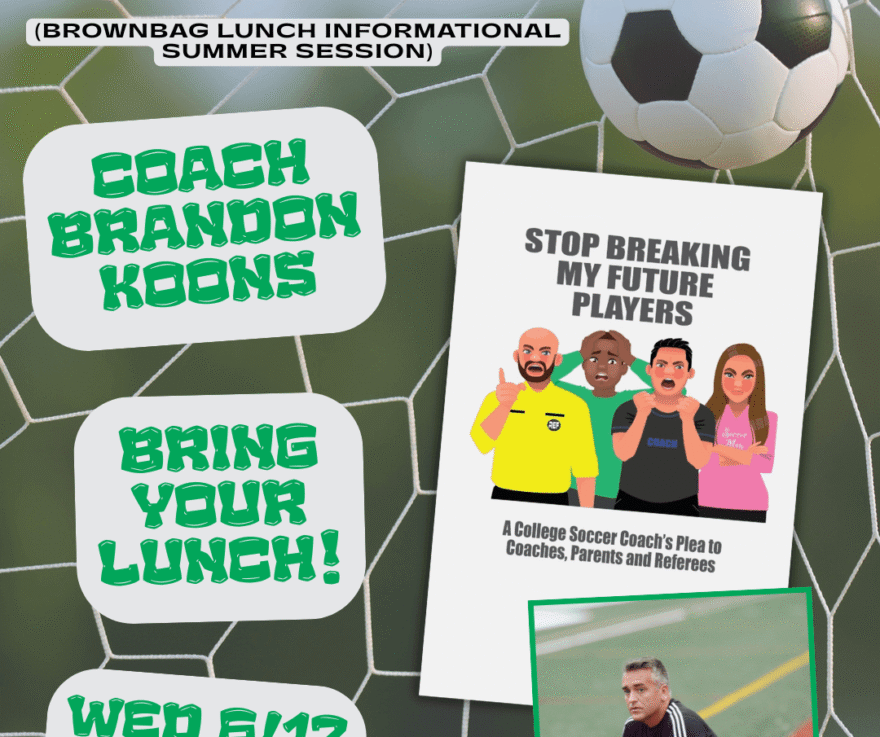 A background photo of a soccer ball in a net. A book cover features four cartoon people with frustrated expressions and text that reads: 