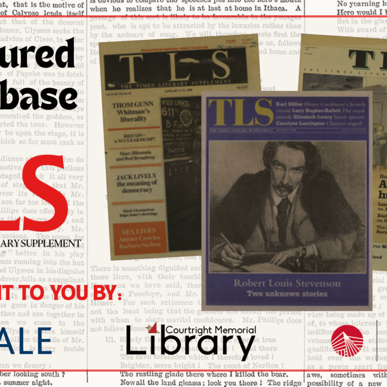 A newsprint background features a red frame with the TLS logo and three front cover pages of TLS. The logos for GALE, Courtright Memorial Library, and OhioLINK are at the bottom. Text reads: 