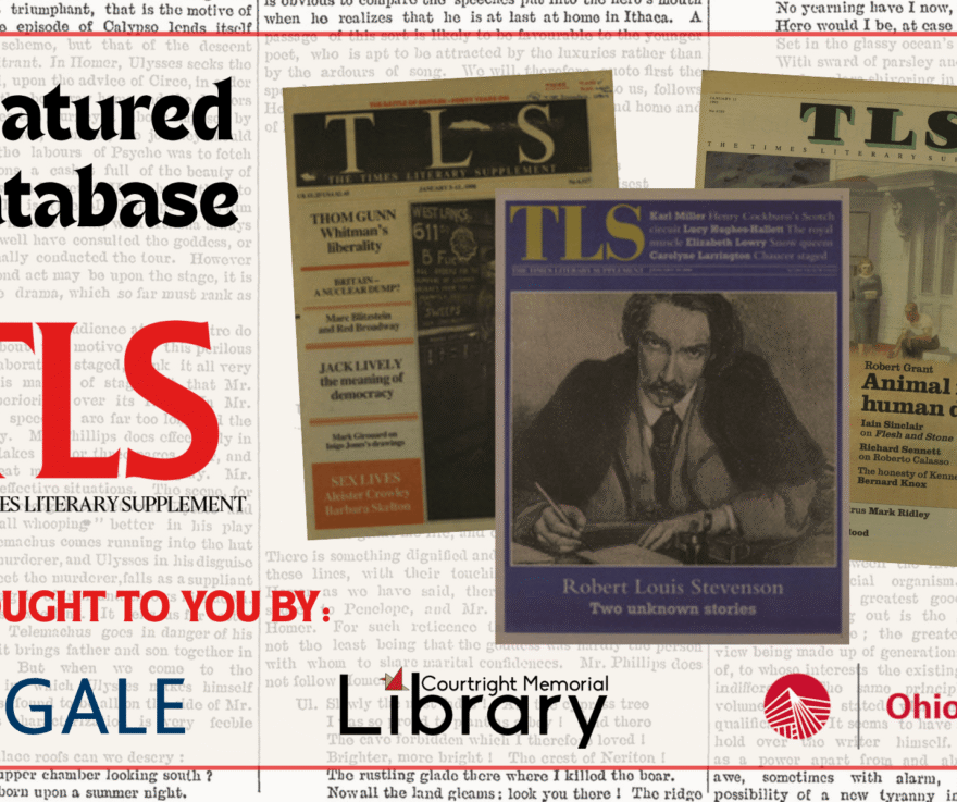 A newsprint background features a red frame with the TLS logo and three front cover pages of TLS. The logos for GALE, Courtright Memorial Library, and OhioLINK are at the bottom. Text reads: 