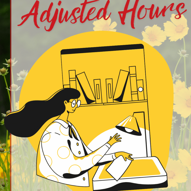 A background photo of a field of yellow flowers. An illustration in the bottom right corner of a librarian at a desk in front of a bookshelf. Text reads: 