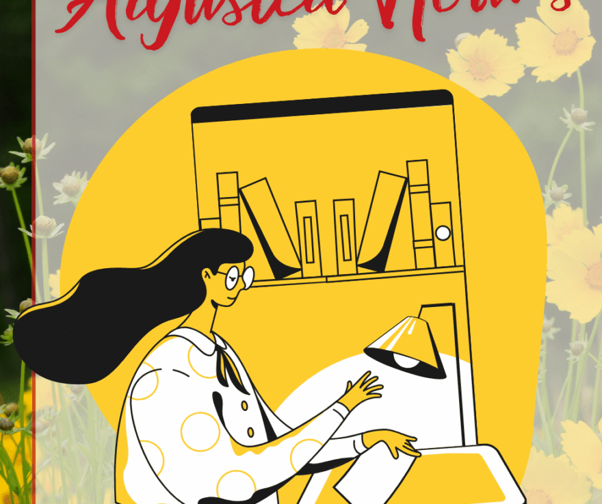 A background photo of a field of yellow flowers. An illustration in the bottom right corner of a librarian at a desk in front of a bookshelf. Text reads: 