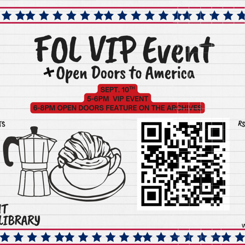 [Image Description: lined notebook page with blue stars and red stripes at the top and bottom. Images of a coffee pot, mug, and pastry as well as a QR code for RSVP. Library logo in bottom left corner. Text Reads: 