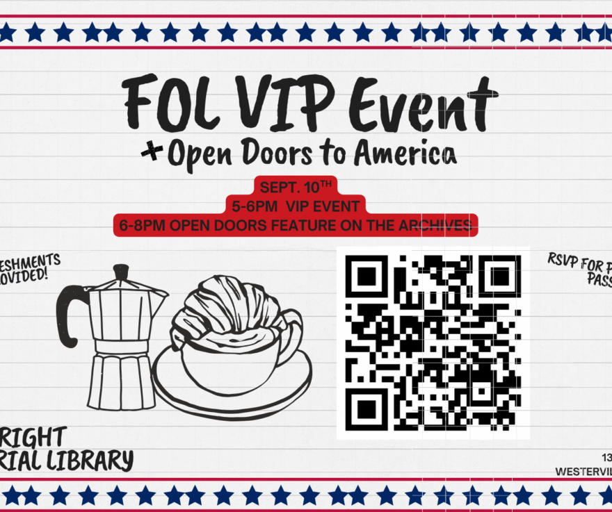 [Image Description: lined notebook page with blue stars and red stripes at the top and bottom. Images of a coffee pot, mug, and pastry as well as a QR code for RSVP. Library logo in bottom left corner. Text Reads: 