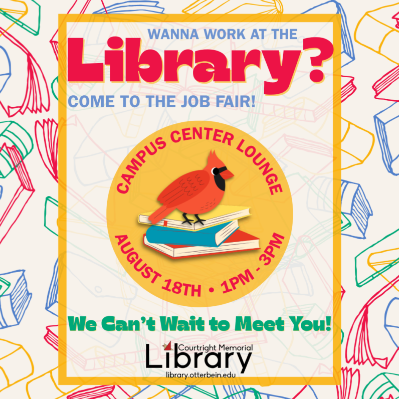 [Image Description: A background pattern of brightly colored book sketches. In the center is a circle with an illustration of a cardinal sitting on a stack of books. The library logo is at the bottom. Text reads: 