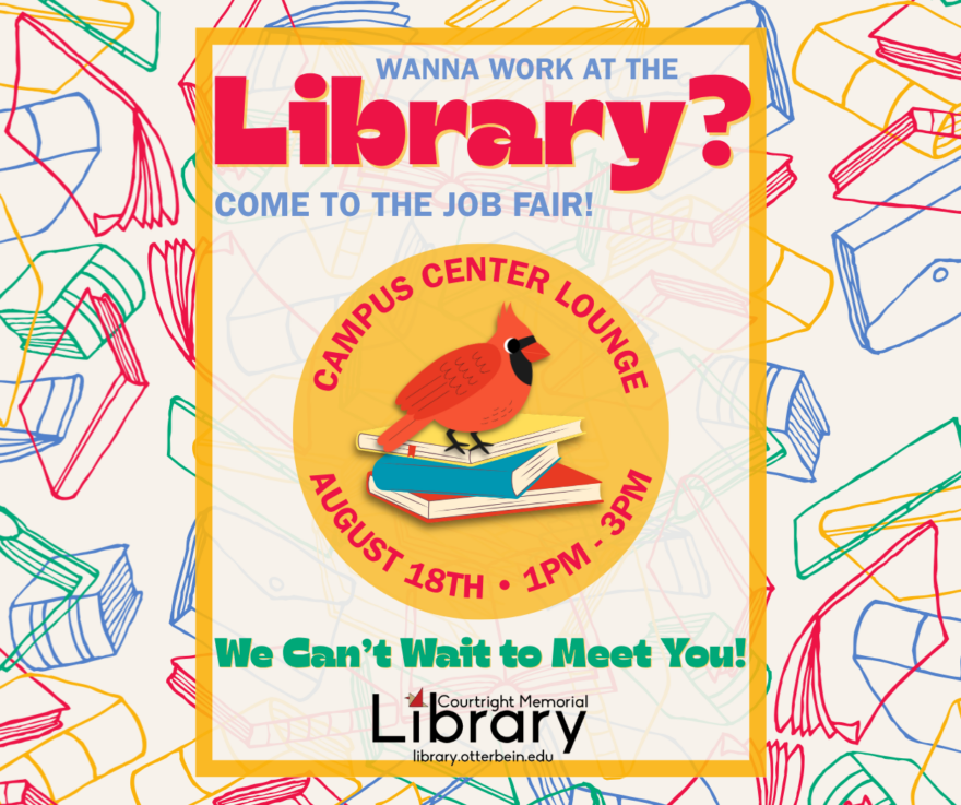 [Image Description: A background pattern of brightly colored book sketches. In the center is a circle with an illustration of a cardinal sitting on a stack of books. The library logo is at the bottom. Text reads: 