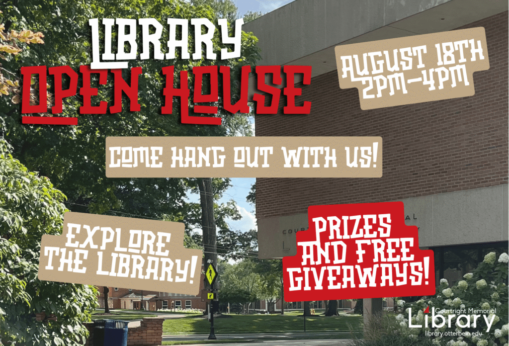 [Image Description: A photo of the library. The library logo is at the bottom right. Graphic text reads: "Library Open House // Come Hang Out With Us! // August 18th // 2pm-4pm // Prizes and Free Giveaways! // Explore the Library!"]