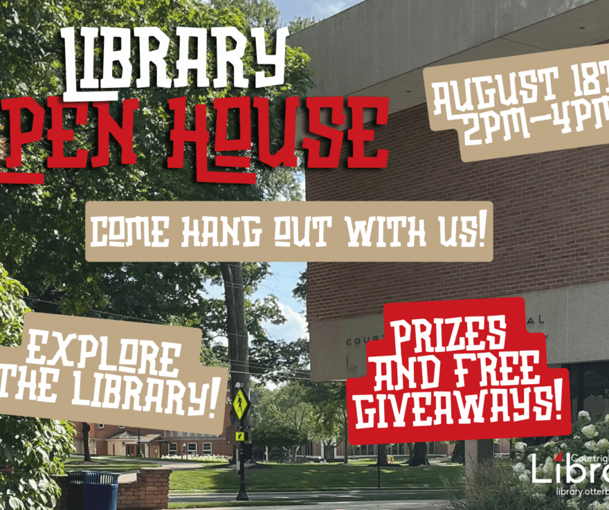 [Image Description: A photo of the library. The library logo is at the bottom right. Graphic text reads: 