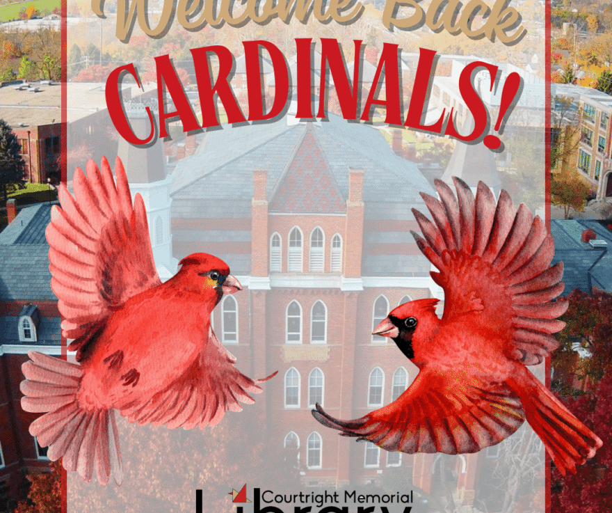 [Image Description: An aerial view of campus with Towers Hall and autumn trees in the foreground. Two illustrated cardinals are flying in the middle. The library logo is at the bottom. Text reads 