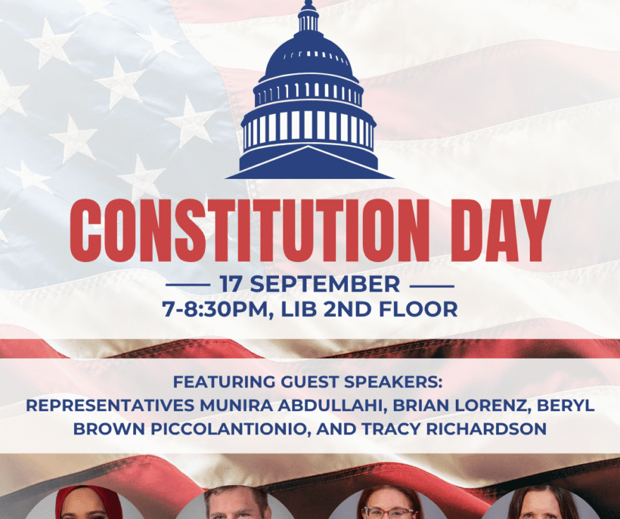 [Image description: American flag as backdrop with the silhouette of the Capital Building in the center. the bottom features the images of the four state representatives speaking at this event. Text reads 