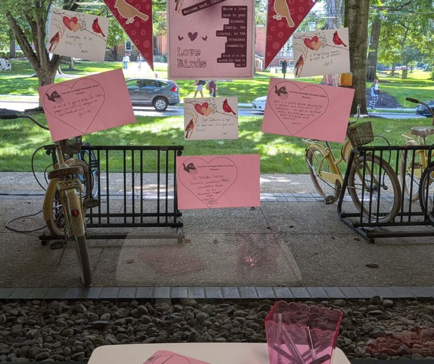 The window wall on the 1st floor of the Courtright Memorial Library, with 