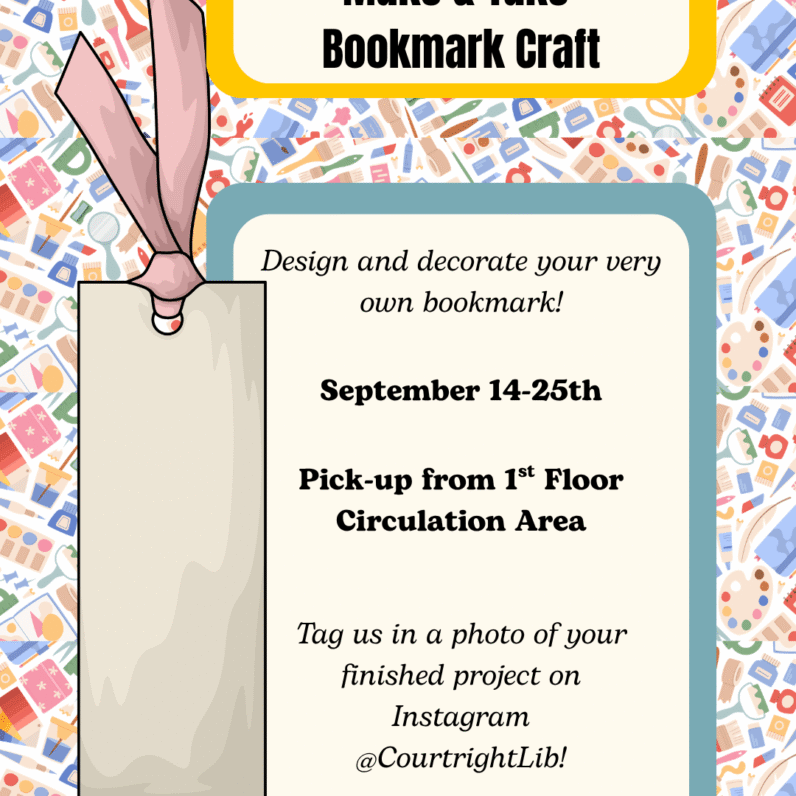 [Image description: background of various crafting supplies with a large blank bookmark and ribbon taking center left space. Text reads: 