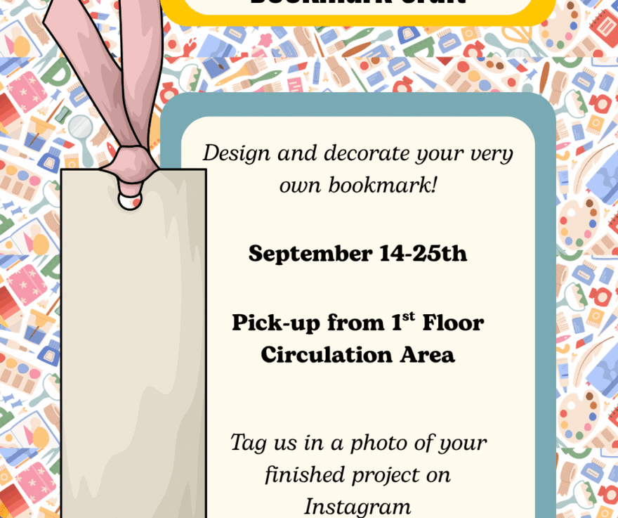 [Image description: background of various crafting supplies with a large blank bookmark and ribbon taking center left space. Text reads: 