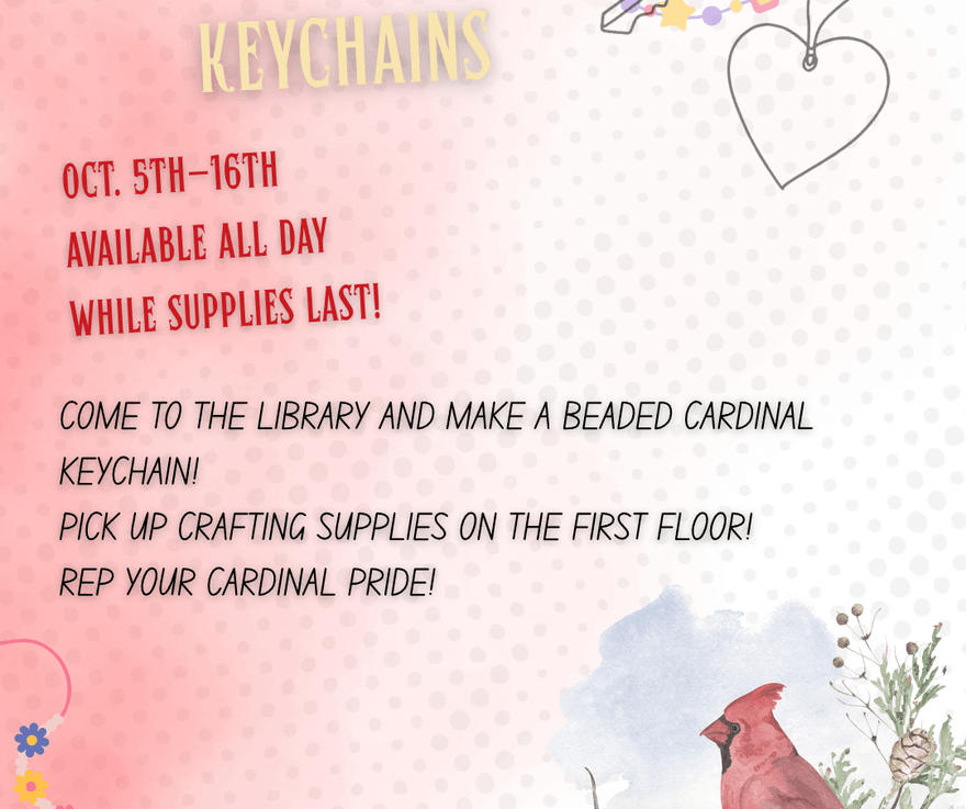 [Image description: red hue with faint polka dots in the background. Graphics of a keychain with a heart and a key on it in the top right corner, along with friendship bracelets in the top right and bottom left. At the bottom right is a graphic of a cardinal sitting on a pine branch. Text reads: 