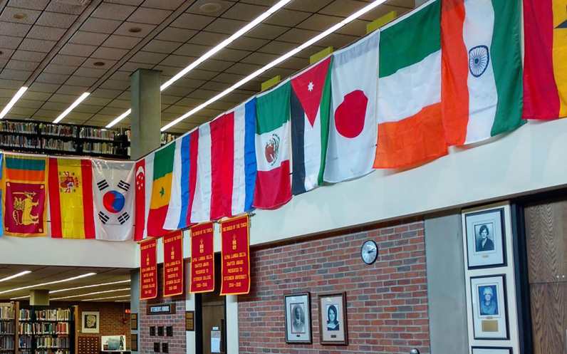 Several International Flags Hang in the Otterbein Library