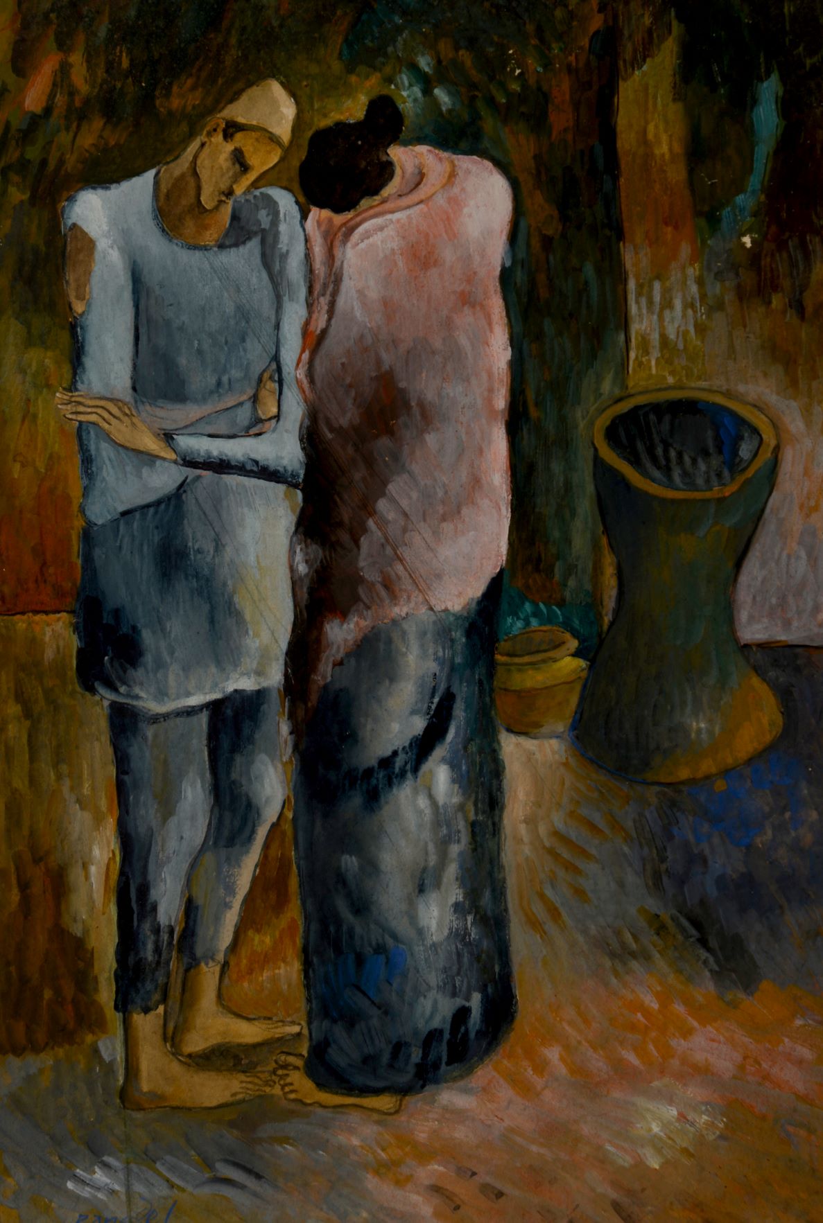 83 1955 Muna Madan Departing Scene 34x23 Cm Gouache Sr